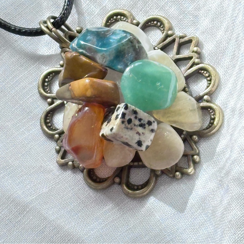 Handmade Stone Cluster Pendant Necklace - Jadeite, Quartz Tigers Eye Accents